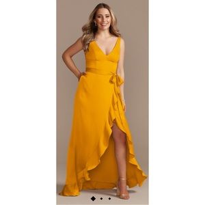 David’s Bridal Crepe Satin Ruffle high-low Bridesmaids Dress in Marigold